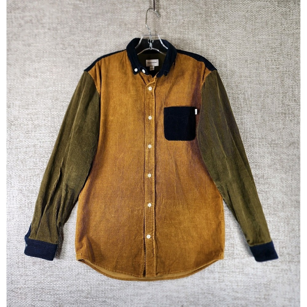 Frank and Oak Colorblock Corduroy Shirt Mens S Brown Navy Button Organic Cotton